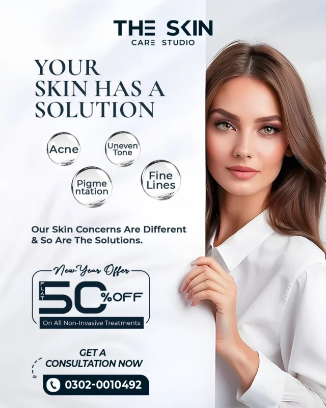Every skin concern has a solution ✨
From acne to pigmentation, uneven tone to fine lines, your journey to healthier skin starts here.

Enjoy Flat 50% OFF on all non-invasive treatments.
Note: Offer Valid till 31st January.

Book your appointment today!
📞 0302 0010492
Visit Us
📍 Near Johar Town, PIA Road, PIA Society, 40C Block, Lahore
.
#LaserHairRemoval #SmoothSkinJourney #LaserTreatment #SkinStudioPK #LahoreSkinCare #AestheticClinic #ConfidenceInYourSkin #GlowWithCare #SmoothSkinGoals #SkinCareThatWorks #FeelFlawless #LahoreAesthetics #LahoreBeauty #PermanentHairReduction #ByeByeWaxing #NoMoreShaving #SilkySmoothSkin #LaserExperts #HydraFacialLahore #PRPLahore #AestheticExperts #SkincareLahore #BeautyClinicLahore #SkinGlow